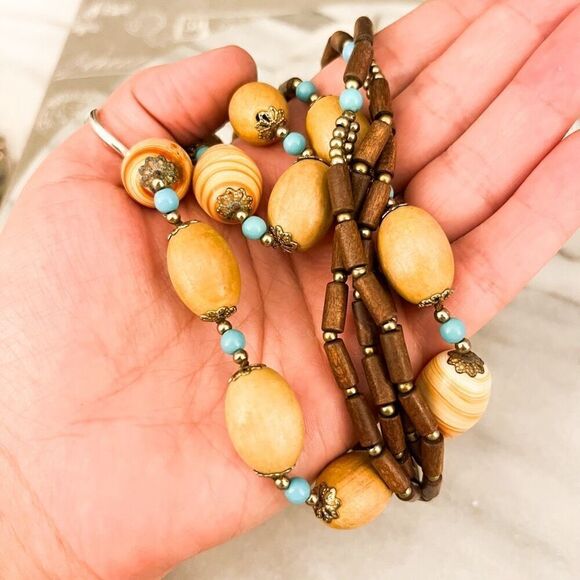 Liz Claiborne Wood Bead Necklace Brown Chunky 2 Strand Long Earthy Vintage 1990s - Picture 9 of 9